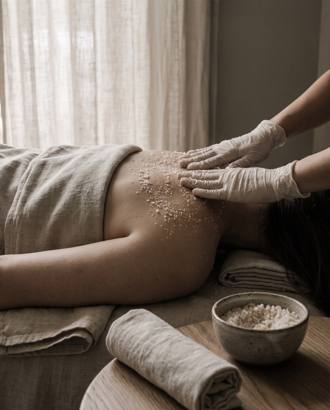 Peeling corpo al sale, ambientazione provvisoria